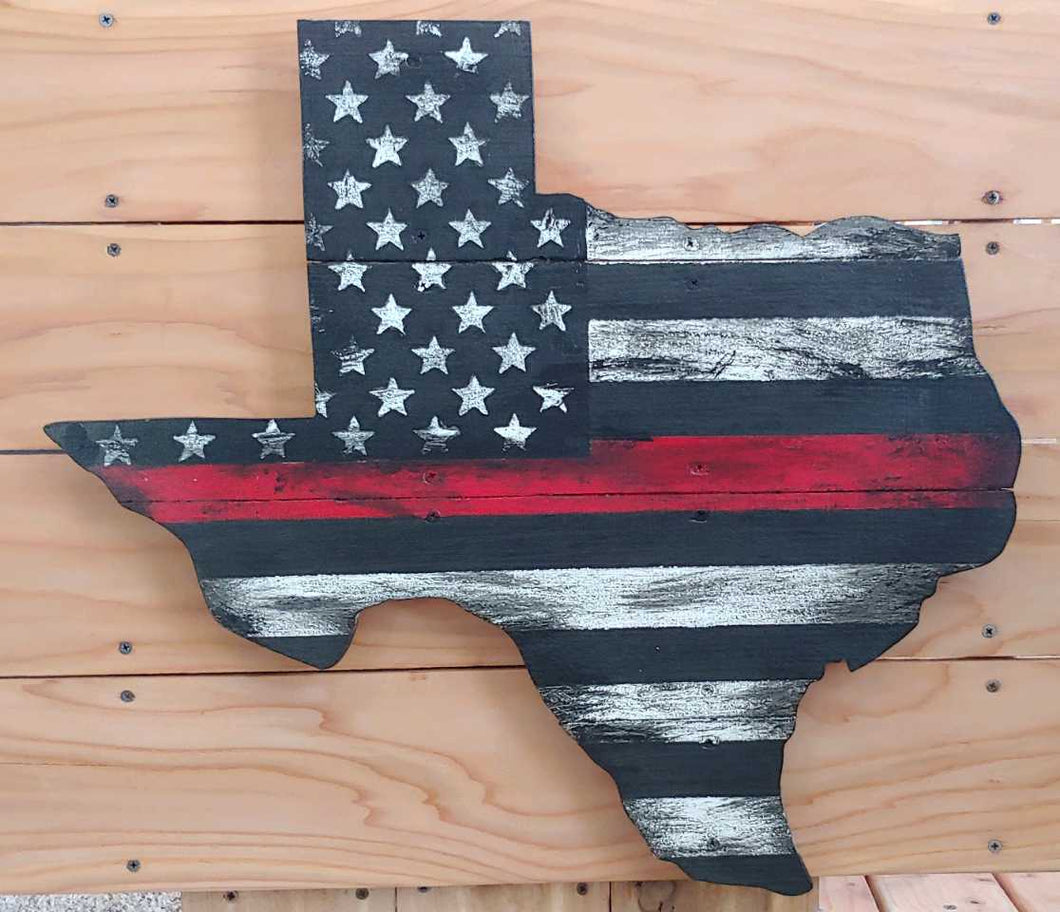 Texas-shaped Thin Red Line Wood Sign